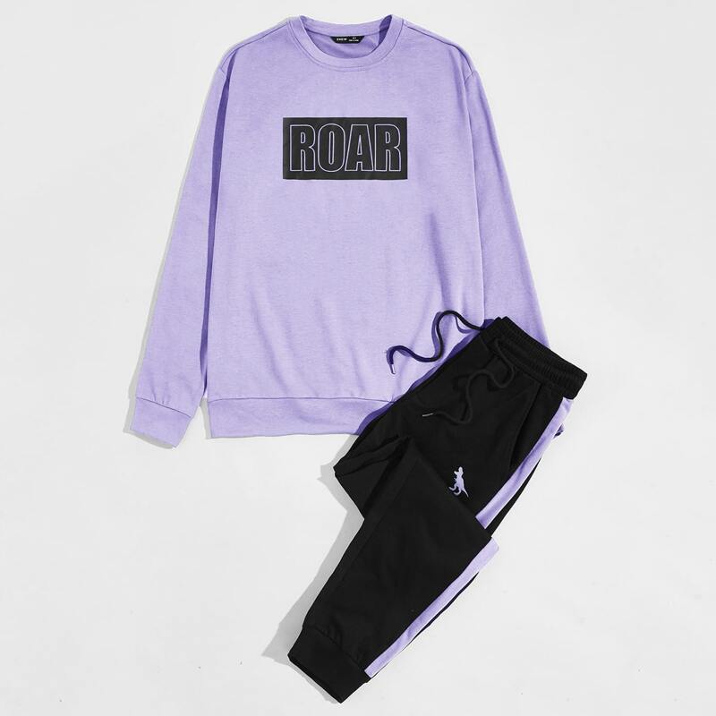 

Guys Letter Graphic Pullover & Dinosaur Print Sweatpants Set, Multicolor