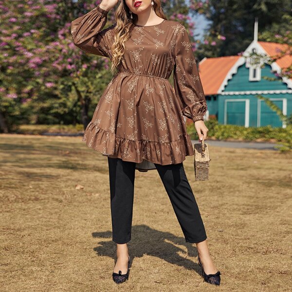 

Plus Lantern Sleeve Floral Print Peplum Top & Pants Set, Multicolor