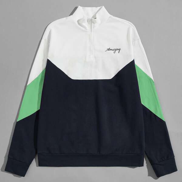 

Men Letter Embroidery Colorblock Chevron Pullover, Multicolor