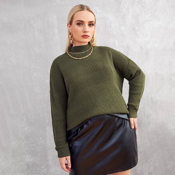 

Plus Mock-neck Drop Shoulder Sweater, Army green