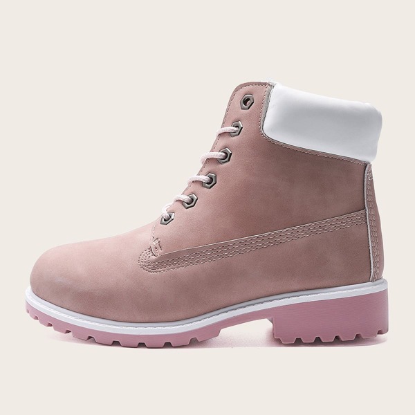 

Lace-up Front Plush Lined Combat Boots, Pink
