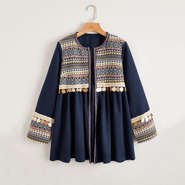 

Geo Print Disc Decoration Swing Coat, Navy blue