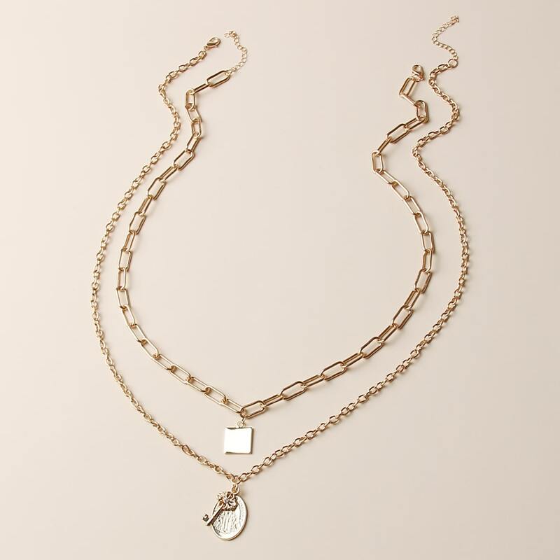

2pcs Geo & Key Charm Necklace, Gold