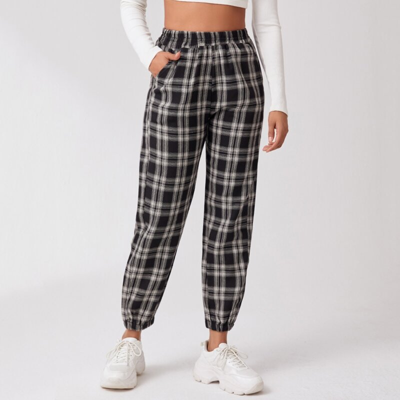 

Elastic Waist Plaid Joggers, Black and white
