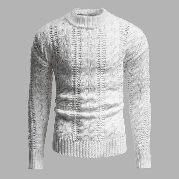 

Men Cable Knit Drop Shoulder Sweater, White