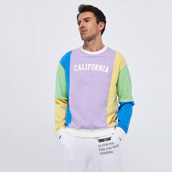 

Men Letter Graphic Colorblock Pullover, Multicolor