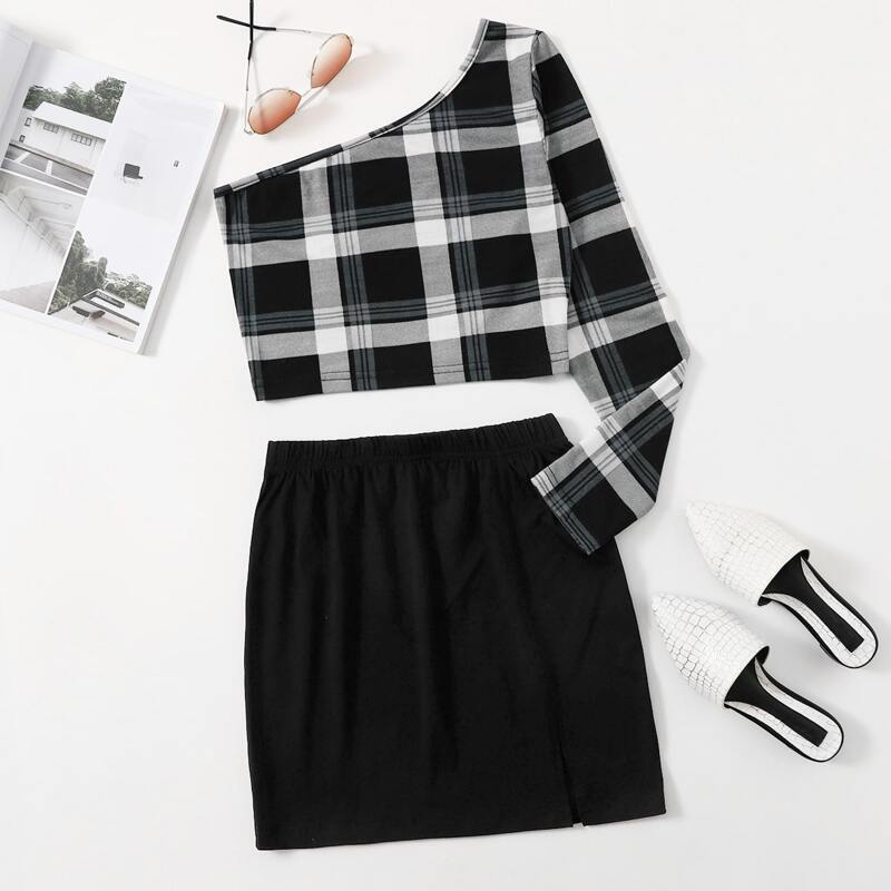 

One Shoulder Plaid Top & Skirt, Multicolor