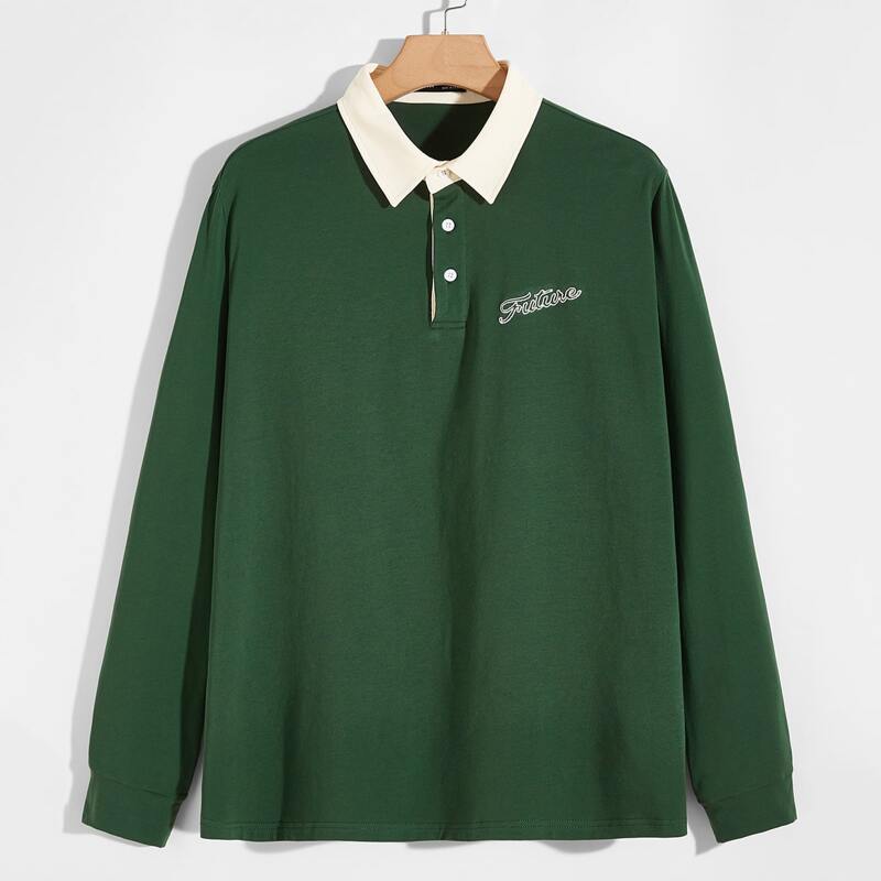 

Guys Letter Embroidered Contrast Collar Polo Shirt, Dark green