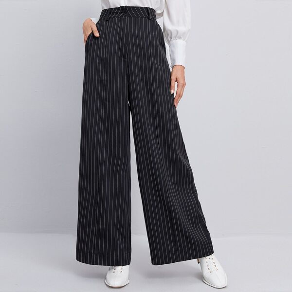 

Slant Pocket Striped Wide Leg Pants, Black