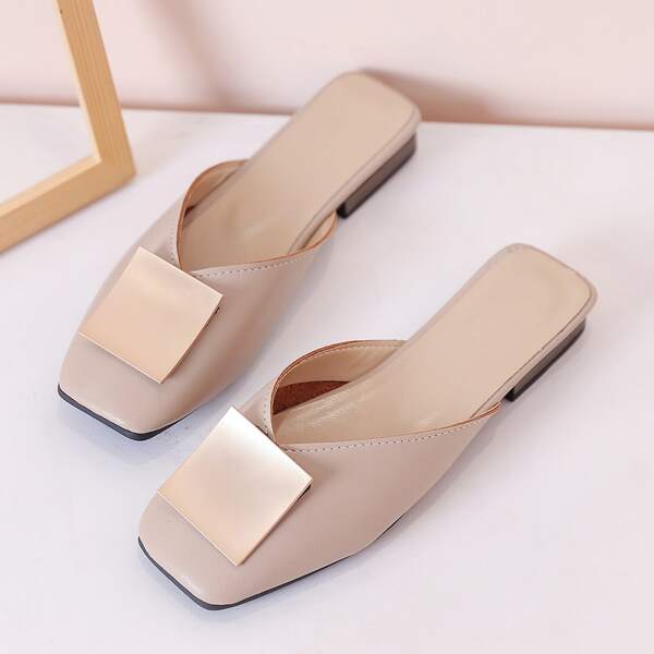 

Square Toe Metal Decor Flat Mules, Beige