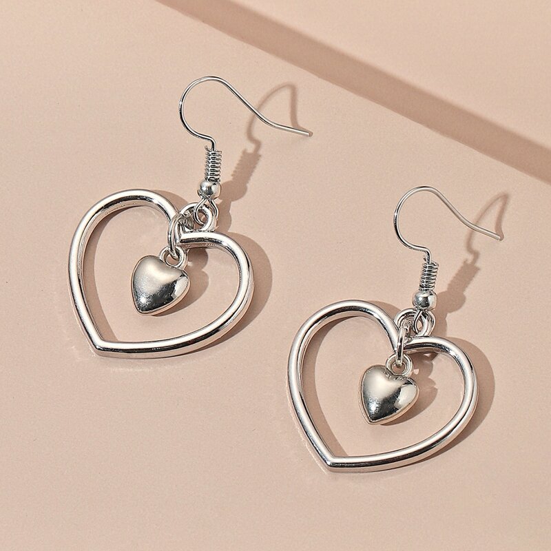 

Double Heart Drop Earrings, Silver
