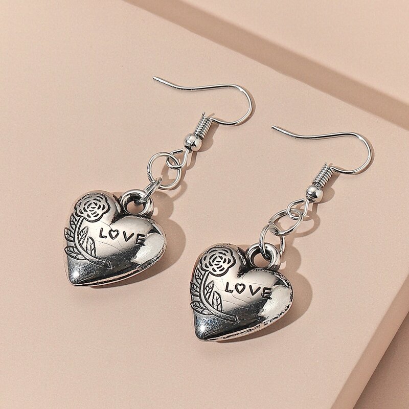 

Rose Heart Drop Earrings, Silver