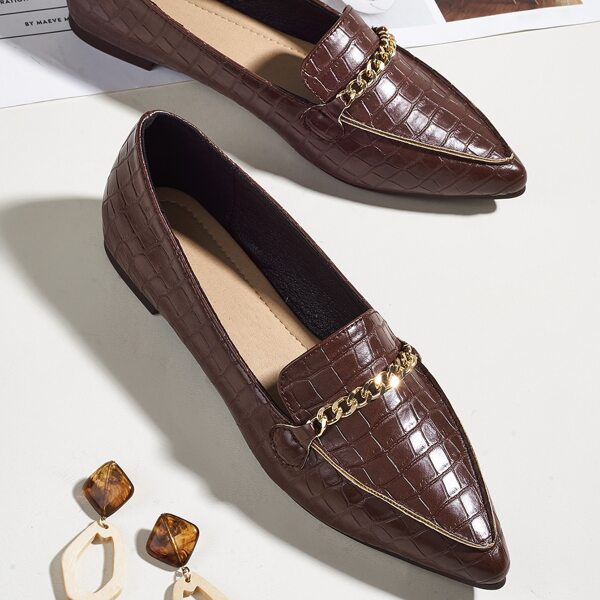 

Chain Decor Croc Embossed Loafers, Coffee brown