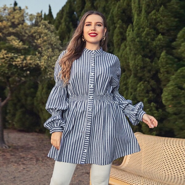

Plus Gathered Sleeve Striped Blouse, Blue and white