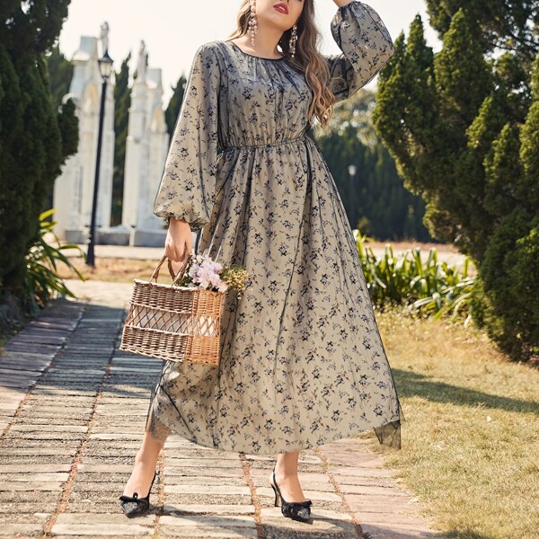 

Plus Lantern Sleeve Mesh Overlay Ditsy Floral Dress, Multicolor