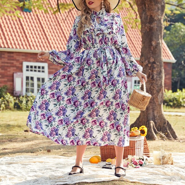 

Plus Tie Neck Lantern Sleeve Self Belted Floral Dress, Multicolor