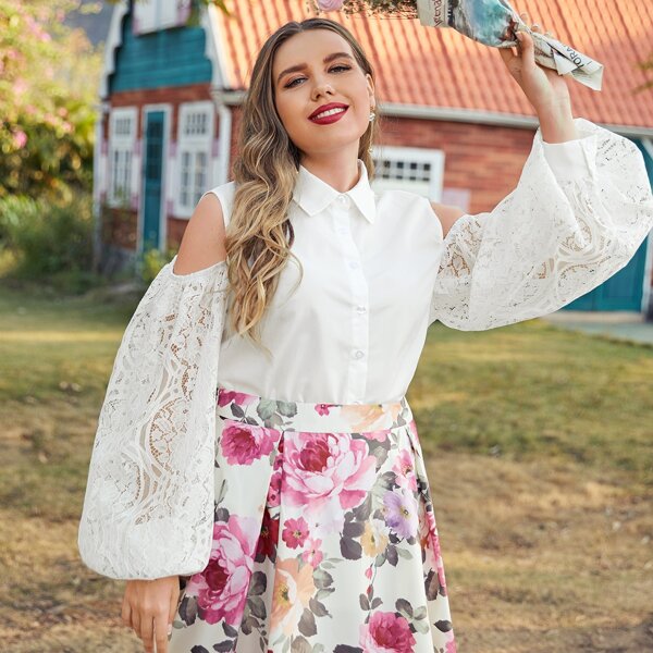 

Plus Open Shoulder Lace Lantern Sleeve Blouse, White