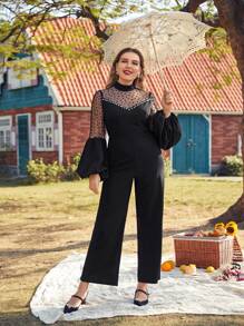 Jumpsuit palazzo de malla transparente yugo de manga farol - Negro - Ver 3