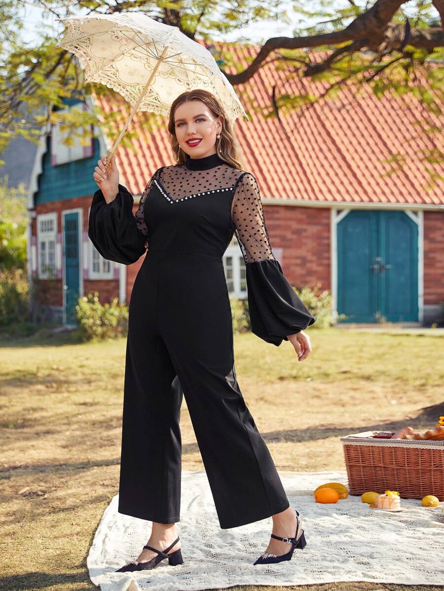 Jumpsuit palazzo de malla transparente yugo de manga farol - Negro - Ver 1