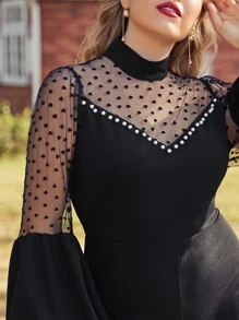 Jumpsuit palazzo de malla transparente yugo de manga farol - Negro - Ver 4