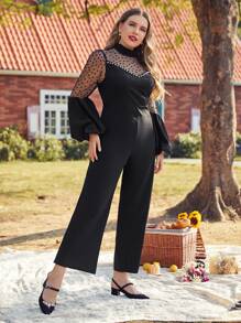 Jumpsuit palazzo de malla transparente yugo de manga farol - Negro - Ver 5