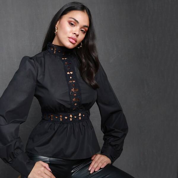 

Guipure Lace Insert Peplum Top, Black