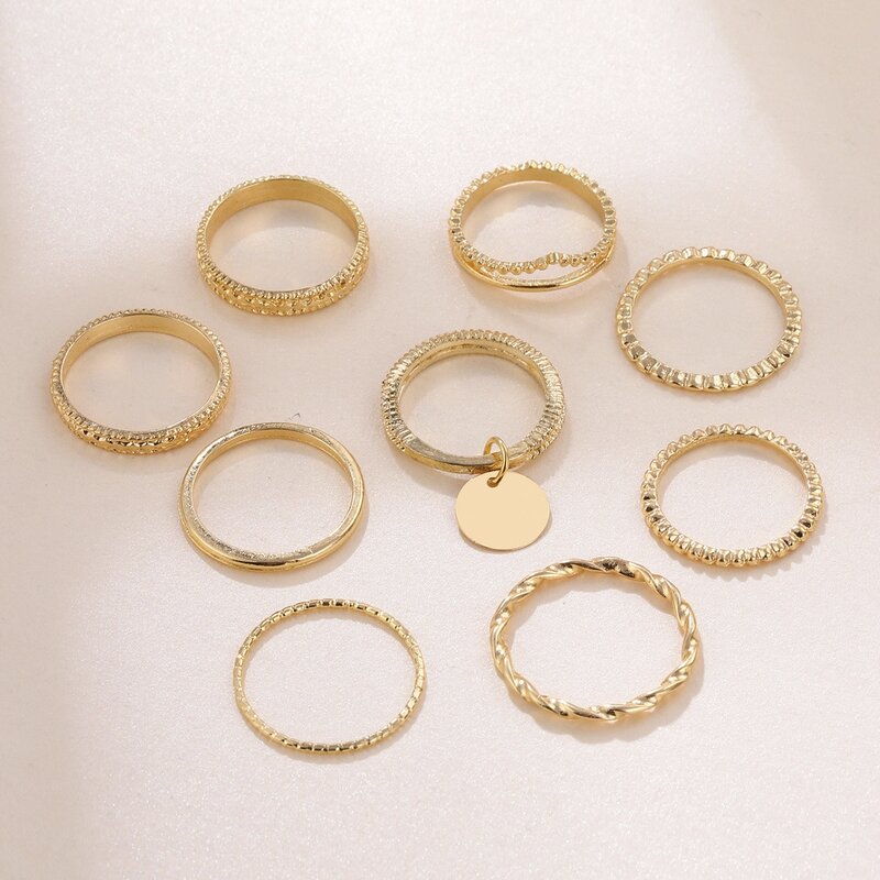 

9pcs Disc Decor Minimalist Ring, Gold