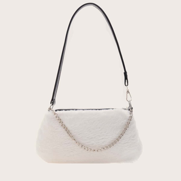 

Chain Decor Fluffy Shoulder Bag, Beige