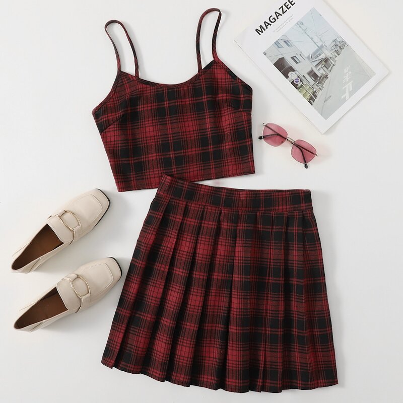 

Plaid Cami Top & Pleated Skirt, Multicolor
