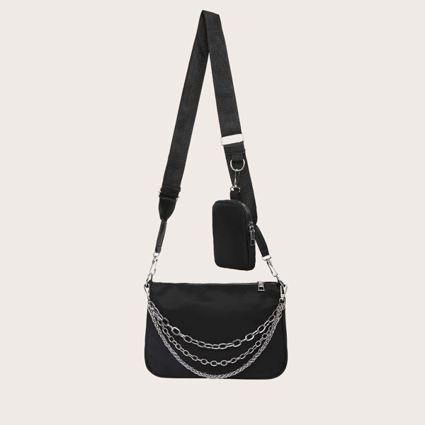 

Layered Chain Decor Crossbody Bag With Purse, Black