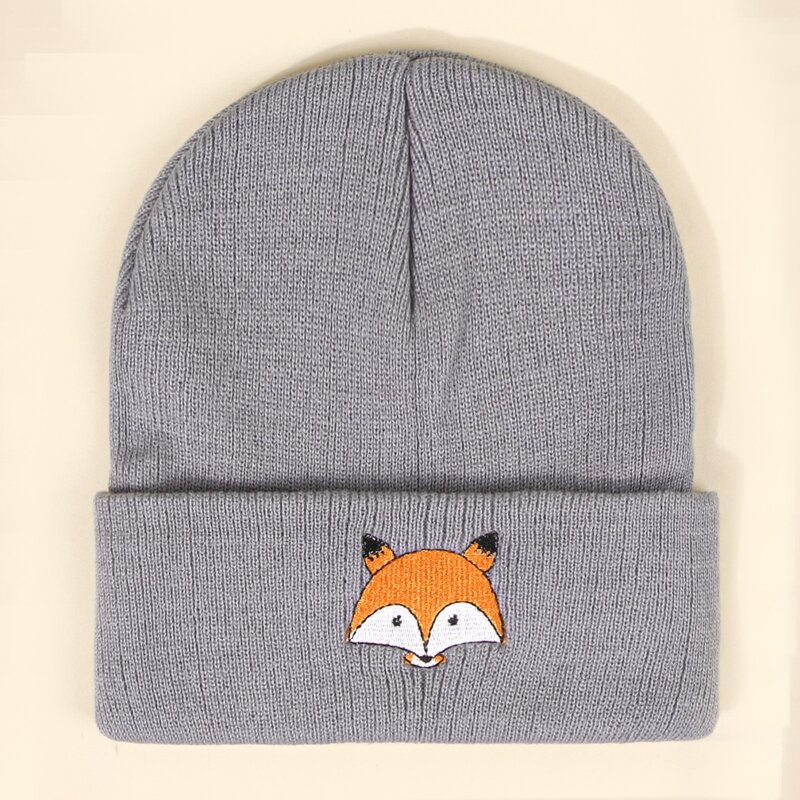 

Cartoon Fox Embroidery Beanie, Grey