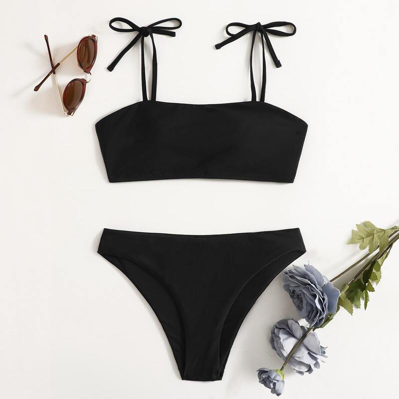 

Solid Tie Shoulder Bikini Swimsuit, Black