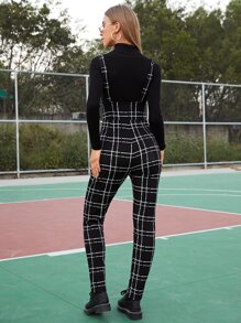 SHEIN EZwear 口袋細節格紋背帶連身長褲不帶上衣