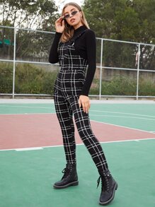 SHEIN EZwear 口袋細節格紋背帶連身長褲不帶上衣