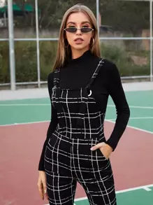 SHEIN EZwear 口袋細節格紋背帶連身長褲不帶上衣