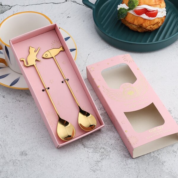 

2pcs Cartoon Design Spoon Set & 1pc Box, Gold