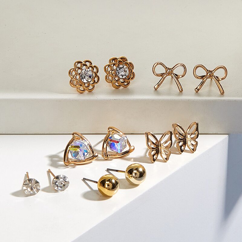 

6pairs Rhinestone Decor Stud Earrings, Gold