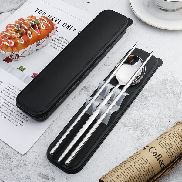 

2pcs Portable Cutlery Set & 1pc Box, Silver