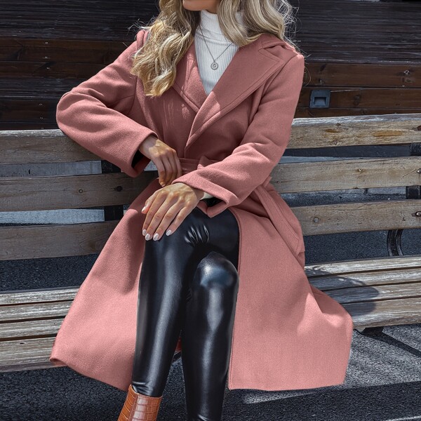

Lapel Collar Self Tie Solid Overcoat, Dusty pink