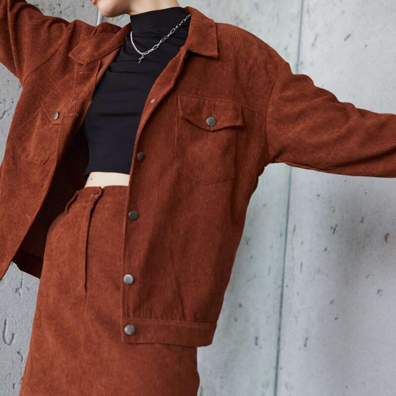 

Solid Corduroy Button Front Pocket Jacket & Skirt, Rust brown