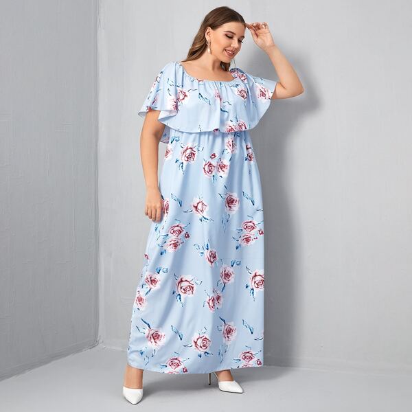 

Plus Floral Print Ruffle Trim Bardot Dress, Baby blue