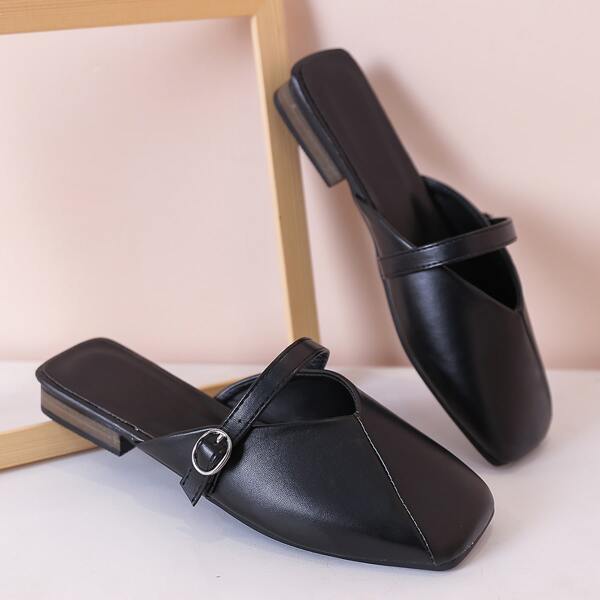 

Square Toe Buckle Decor Flat Mules, Black