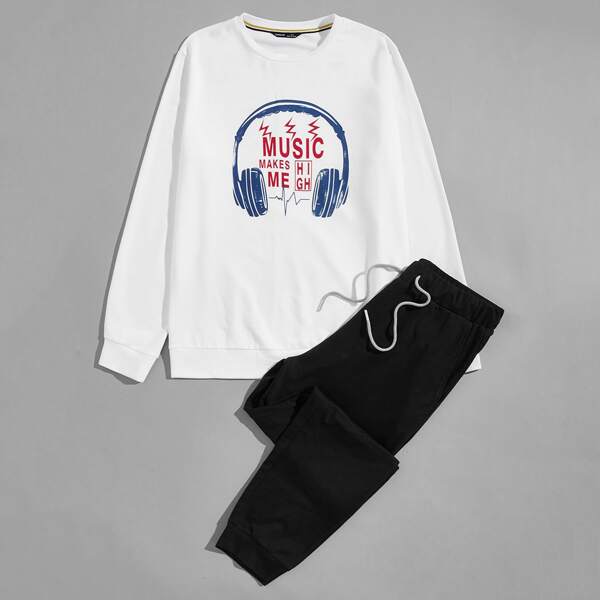 

Men Letter and Headset Print Pullover & Sweatpants Set, Black and white
