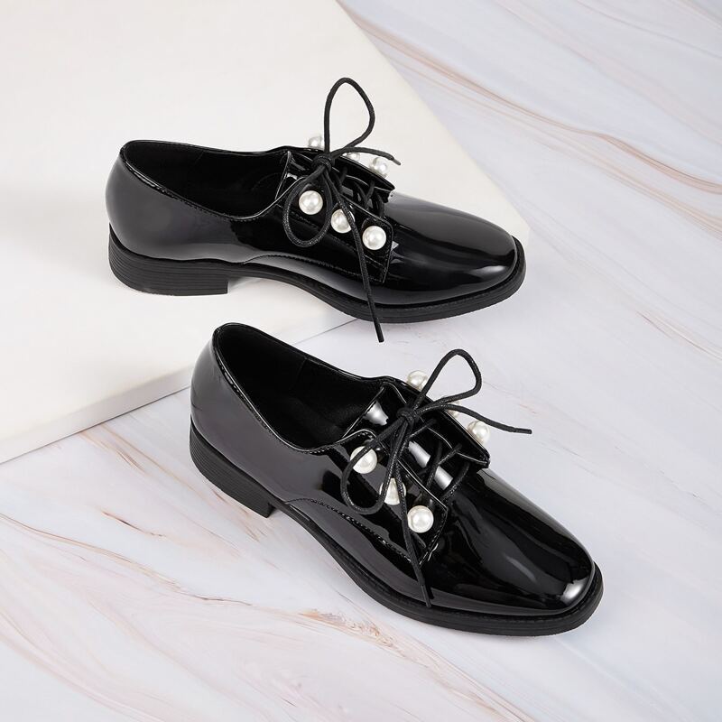 

Faux Pearl Decor Lace-up Front Flats, Black