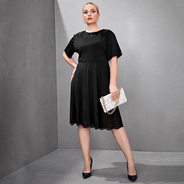 

Plus Laser Cut Scallop Trim A-line Dress, Black