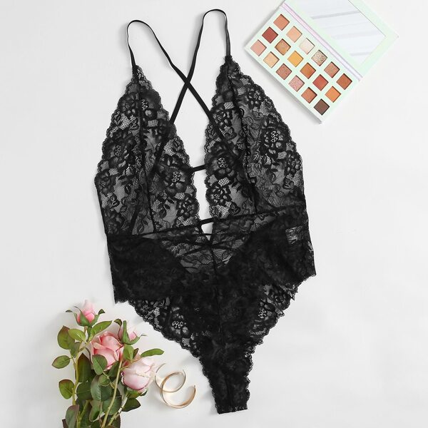 

Plus Floral Lace Plunging Teddy Bodysuit, Black