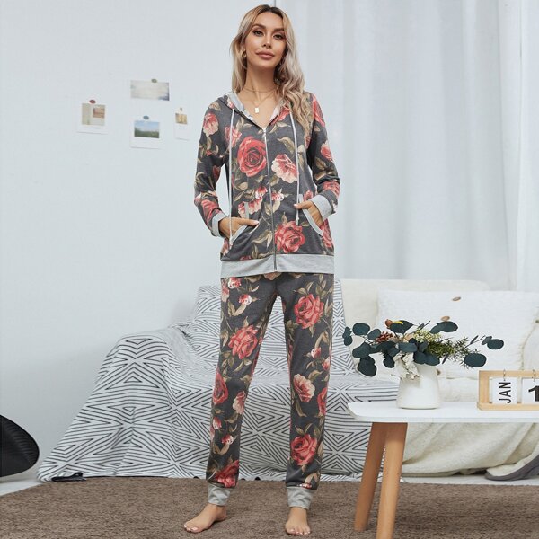 

Zip Up Floral Print Drawstring Hoodie & Sweatpants Set, Multicolor