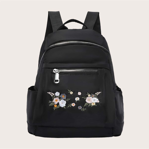 

Flower Embroidered Pocket Front Backpack, Black