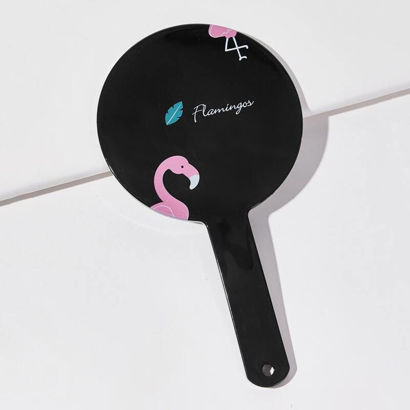 

1pc Flamingo Print Hand-held Makeup Mirror, Black
