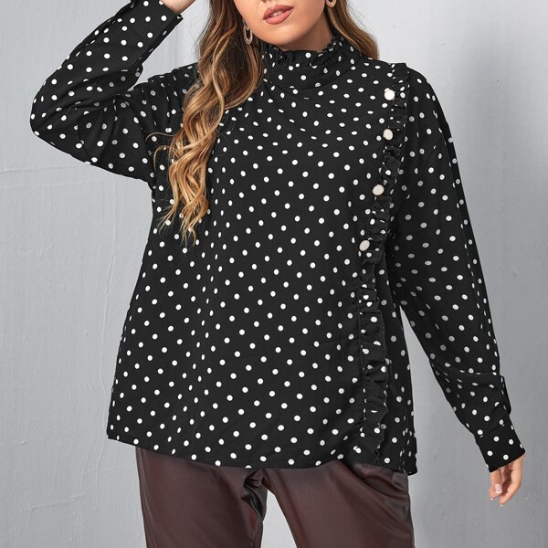 

Plus Polka Dot Frill Trim Blouse, Black
